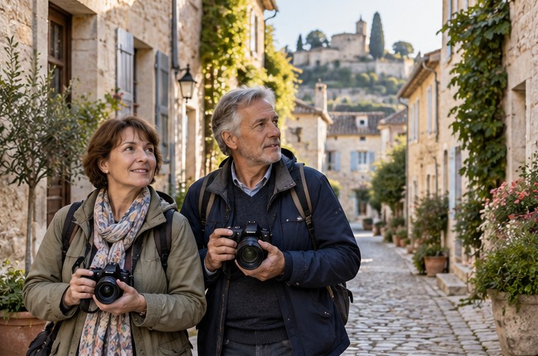 Deux adultes avec des appareils photo dans une rue de village — illustration générée par IA