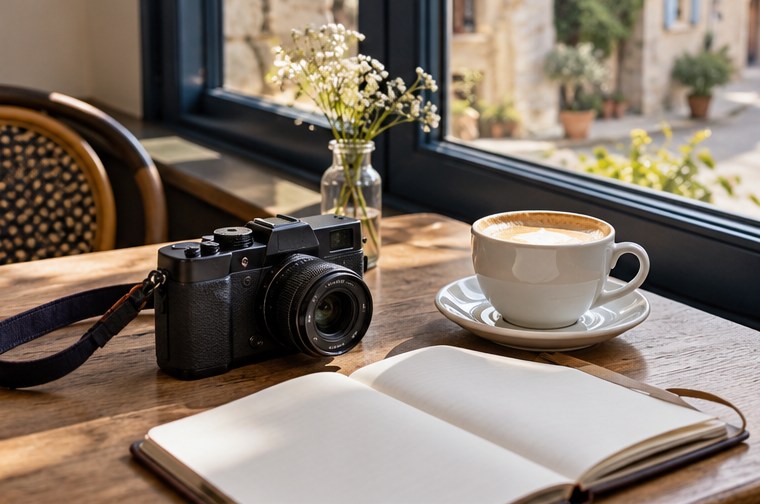 Un appareil photo et un carnet posés près d’une fenêtre — illustration générée par IA