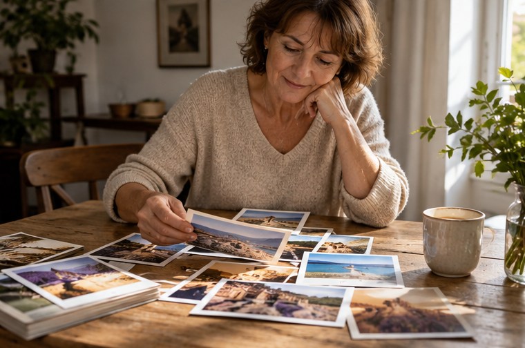 Une femme regarde des tirages photographiques sur une table — illustration générée par IA